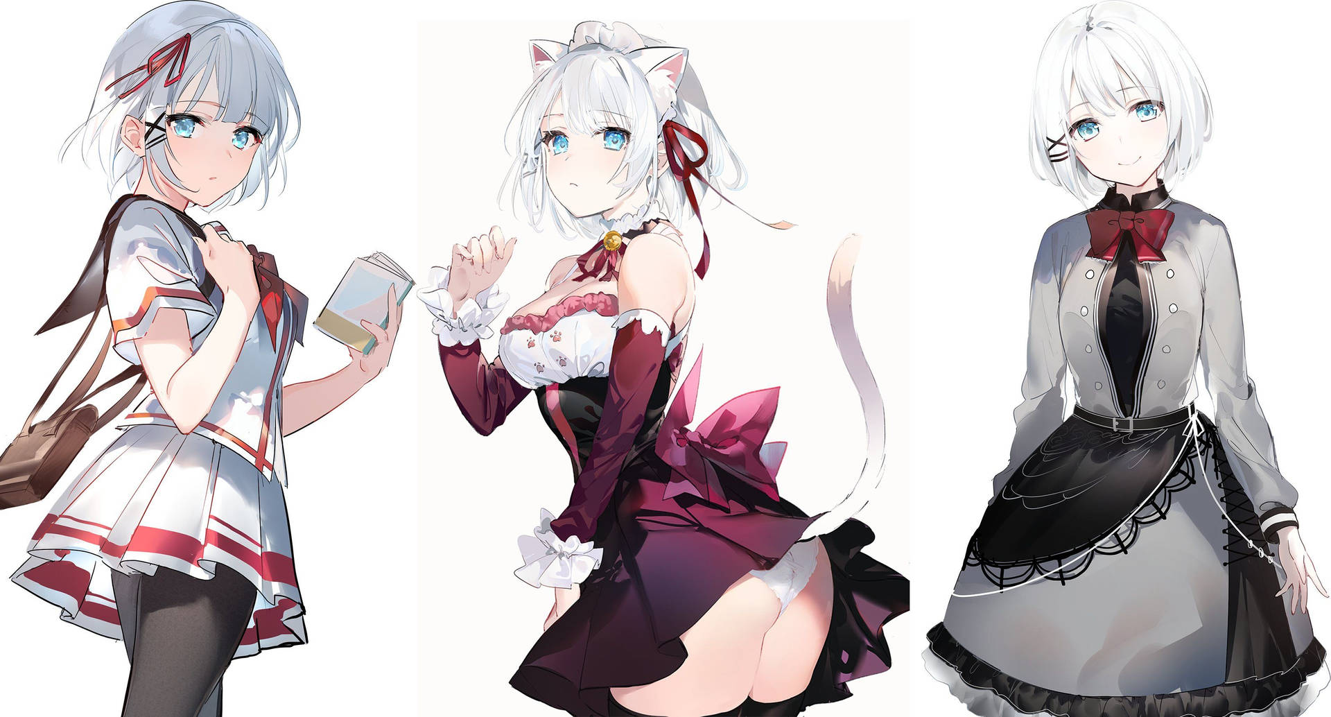 三個動漫女孩穿著學校和女僕服裝，戴著貓耳朵，白髮。