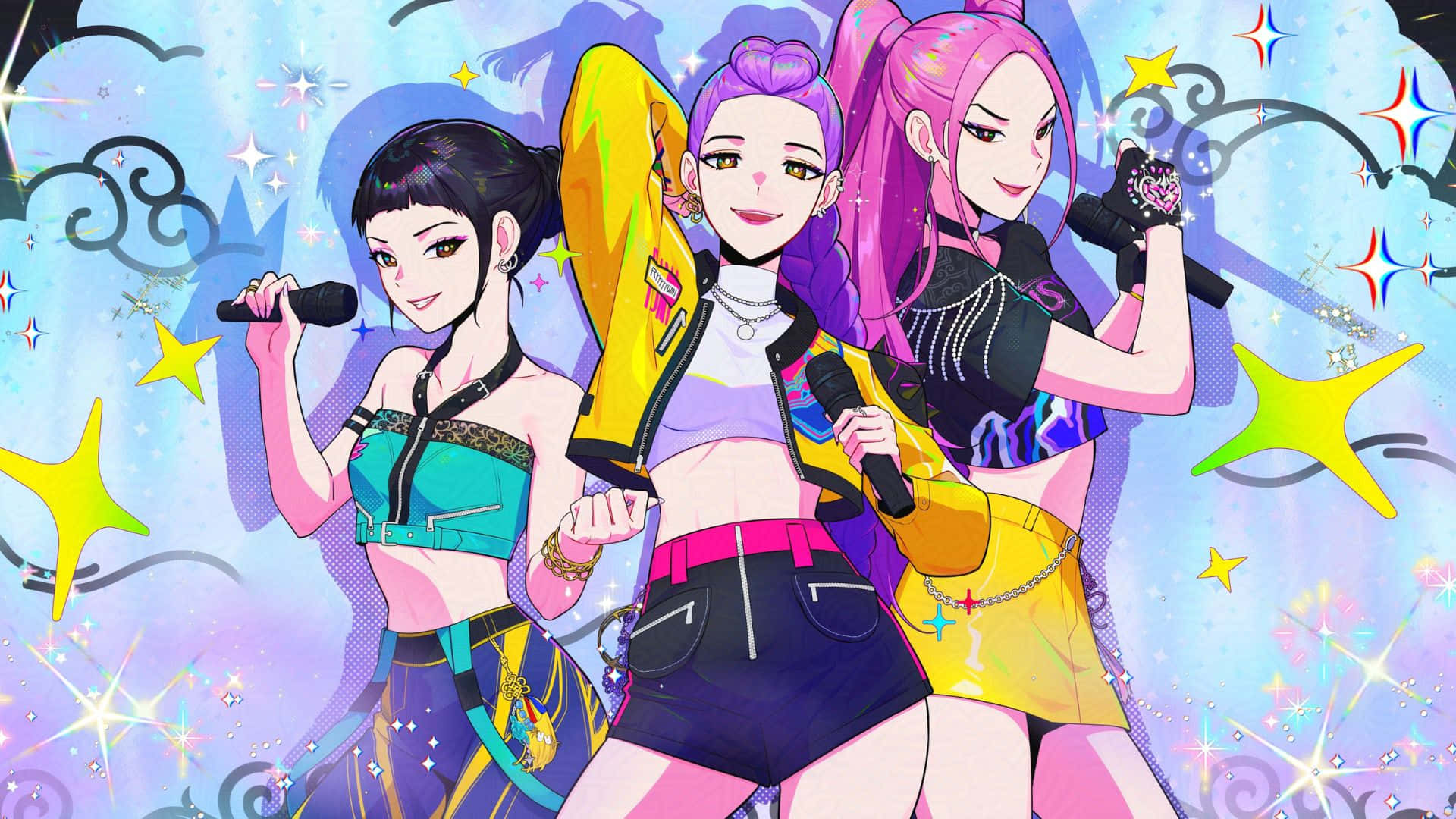  壁紙 — 三位動漫少女穿著鮮豔服裝，在閃爍星空背景下手持麥克風表演。