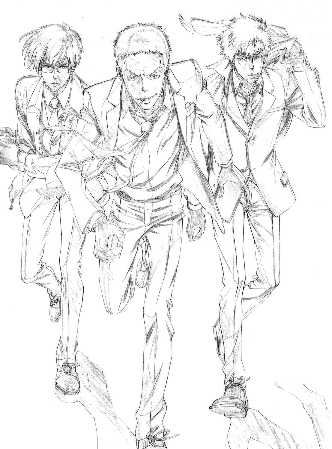  壁紙 — 三個穿著西裝的動漫男子在詳細的鉛筆素描中動態地跑過純白色背景。