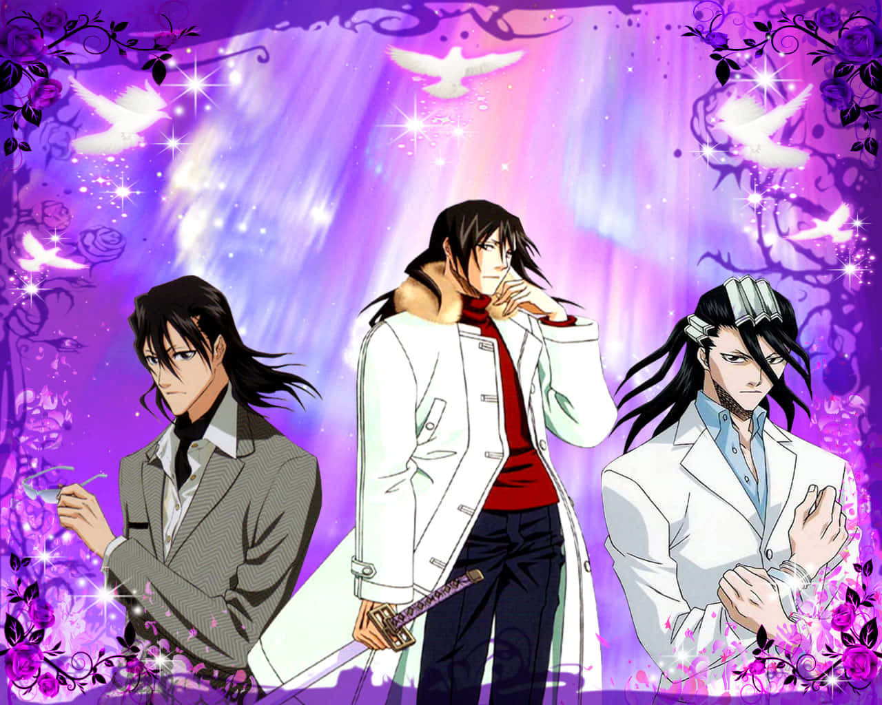Byakuya Kuchiki 桌布 壁紙 — 三個穿著白色外套的動畫男性站在充滿活力的紫色背景前，背景有發光的鳥類和花卉藤蔓。