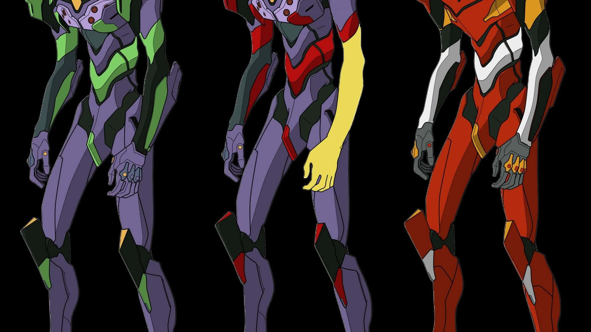 Eva 01 桌布 壁紙 — 三套動漫風格機甲服在黑色背景前以側面展示，呈現鮮豔的色彩組合。