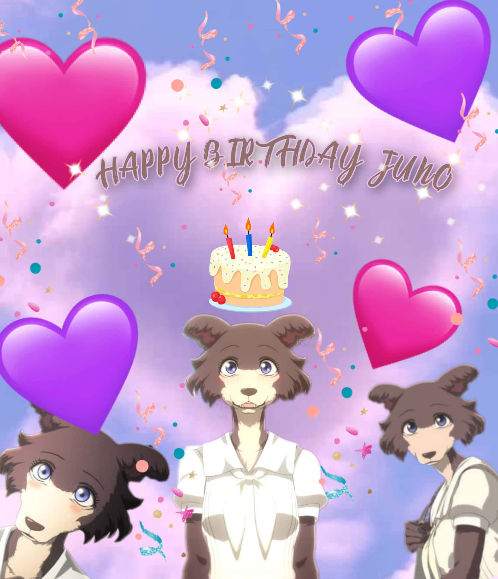  壁紙 — 三個動漫狼角色在滿天心形紙屑和插有蠟燭的蛋糕下慶祝生日。