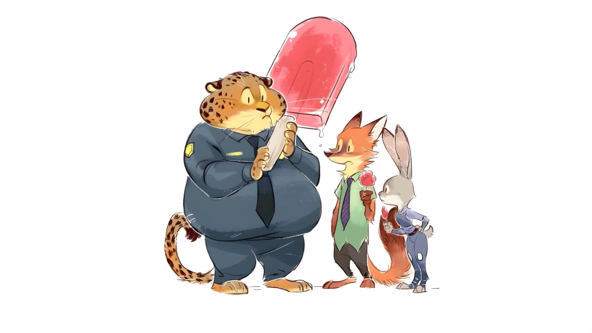  壁紙 — 三隻擬人化動物穿著西裝，在純白背景前享用特大冰淇淋。
