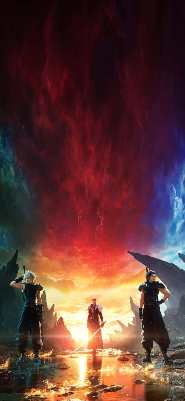  壁紙 — 三名身穿鎧甲的戰士站在熾熱的日落景觀中，頭頂是帶有閃電的旋轉紅藍天空。