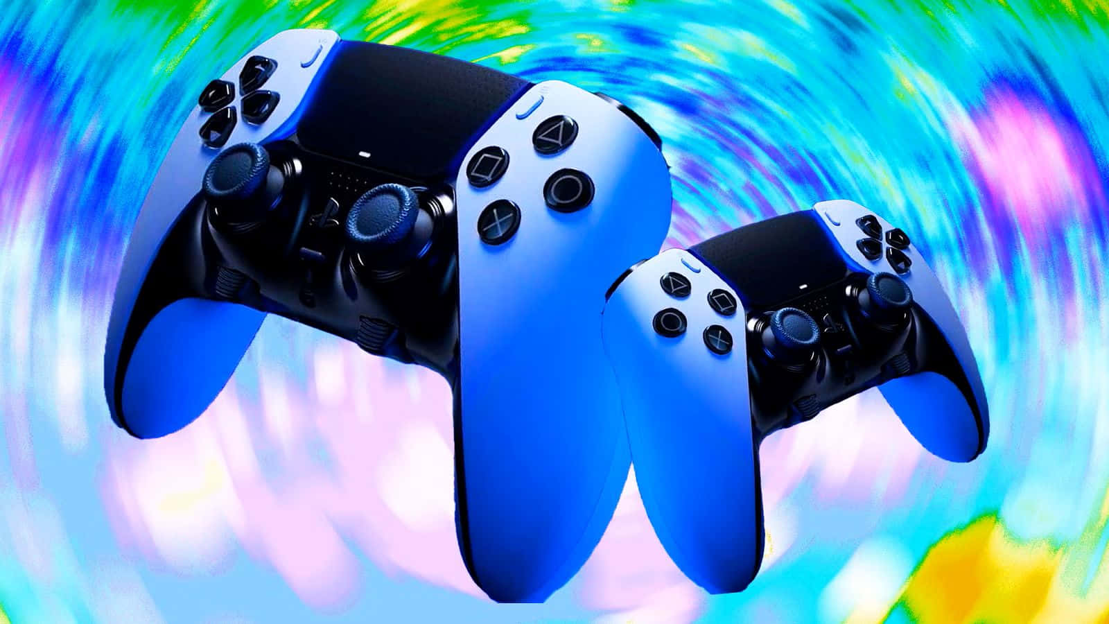  壁紙 — 三個藍色和黑色的PlayStation控制器漂浮在一個旋轉的迷幻背景上，背景充滿電光藍、紫色和黃色。