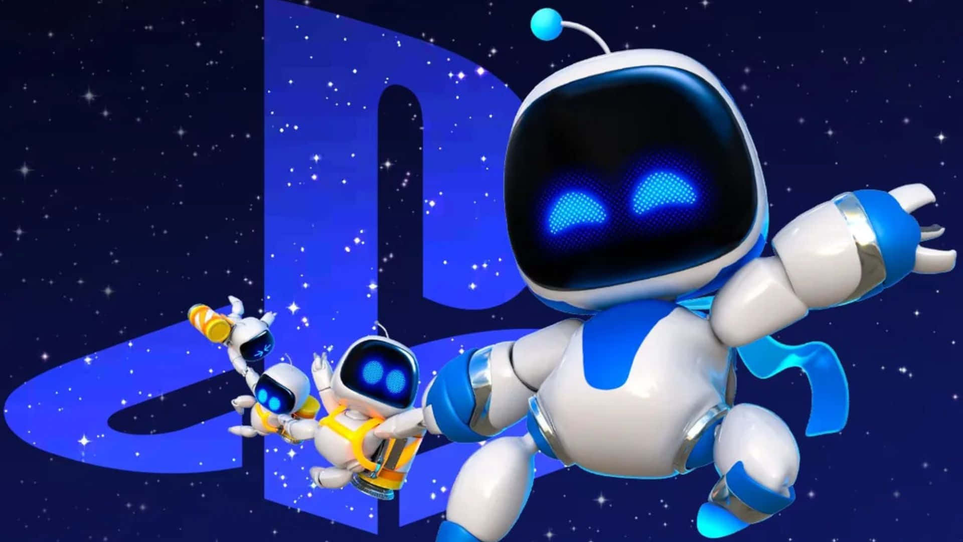  壁紙 — 三個藍白機械人角色在閃爍的PlayStation標誌前，在繁星宇宙背景下歡樂地漂浮。