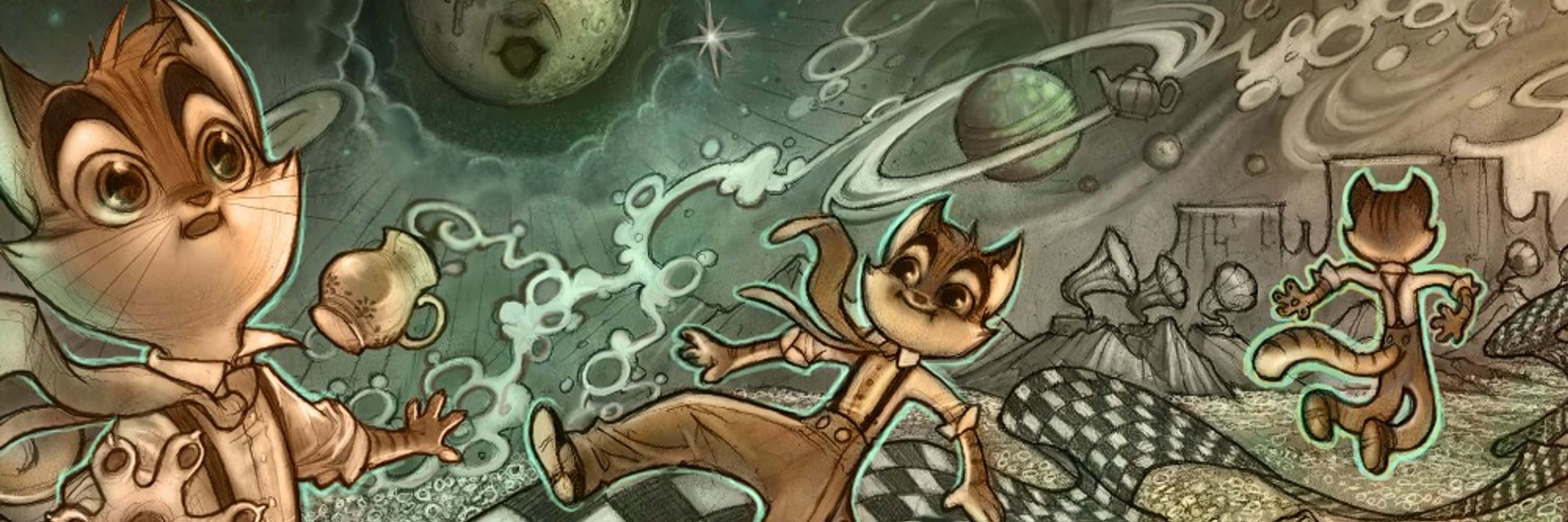  壁紙 — 三隻卡通貓在一個充滿行星和漂浮茶壺的奇幻宇宙景觀中冒險。