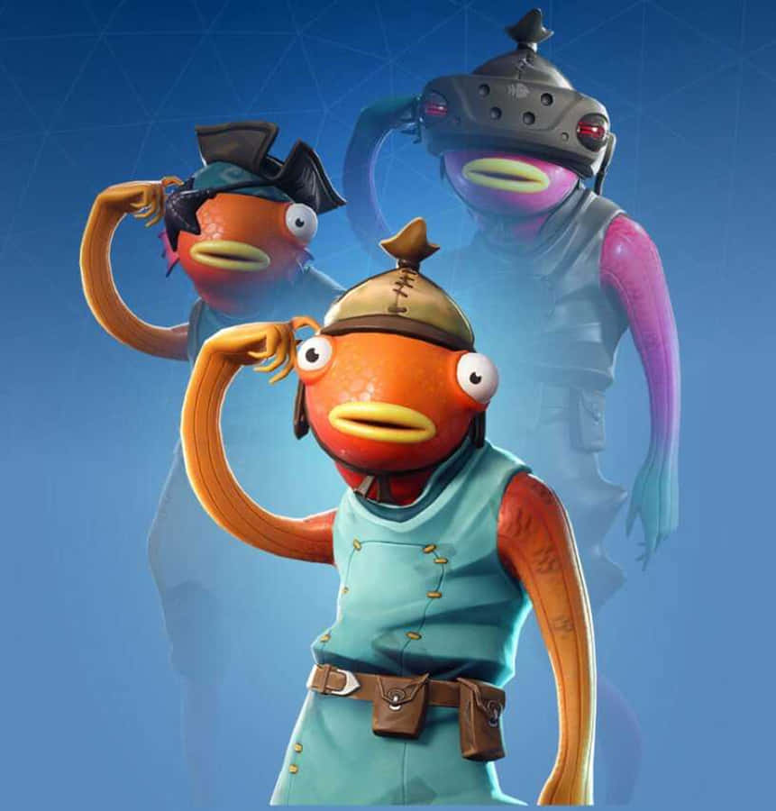 YouTube 玩家 Tiko 搭配 Fishstick 皮膚 壁紙 — 三個卡通魚角色穿著軍事裝備，在藍色幾何背景前自信地擺姿勢。