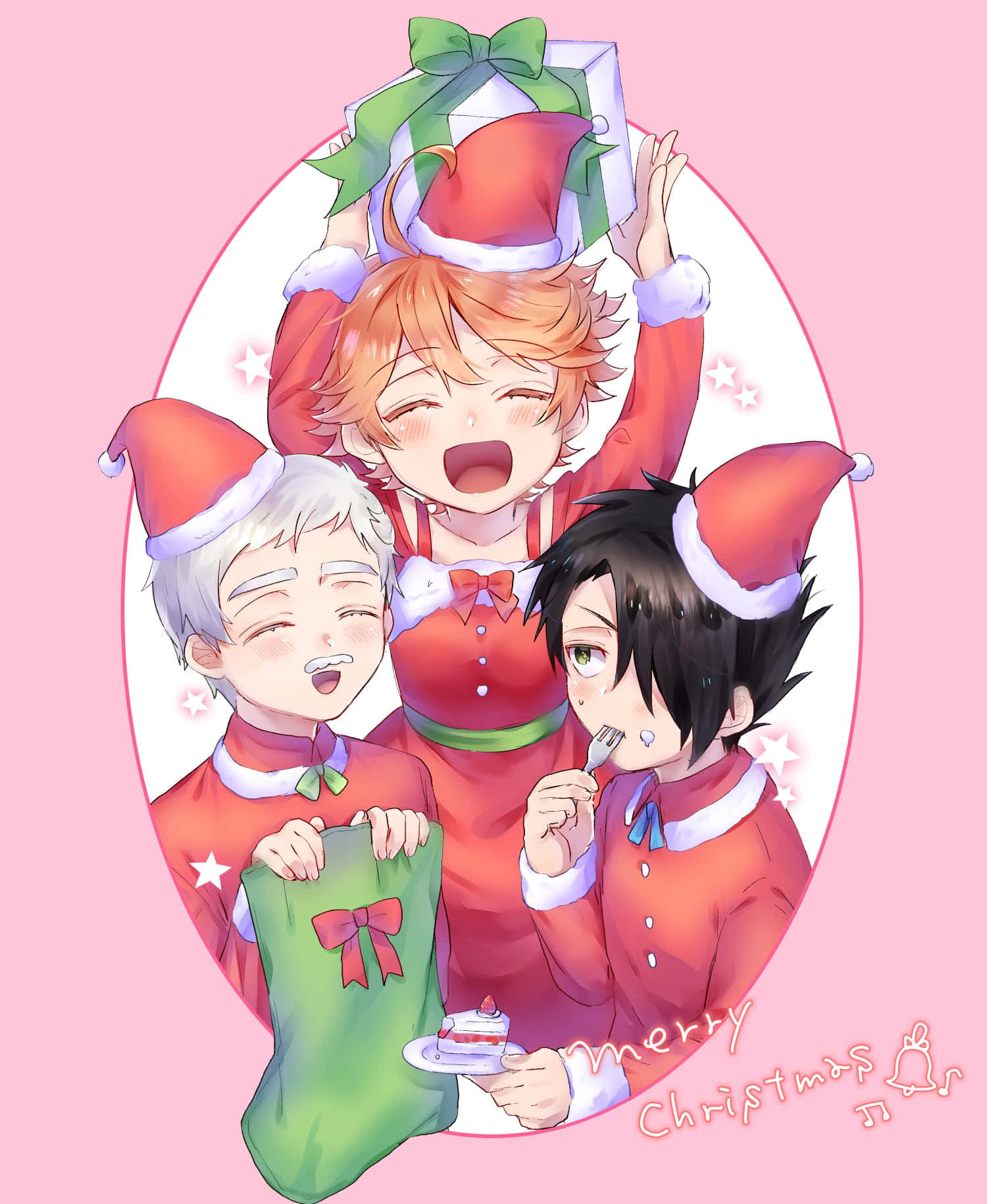 The Promised Neverland Ray 桌布 壁紙 — 三個穿著紅色聖誕老人服裝的開心動畫男孩，在粉紅色背景前用禮物、蛋糕和聖誕襪慶祝聖誕節。