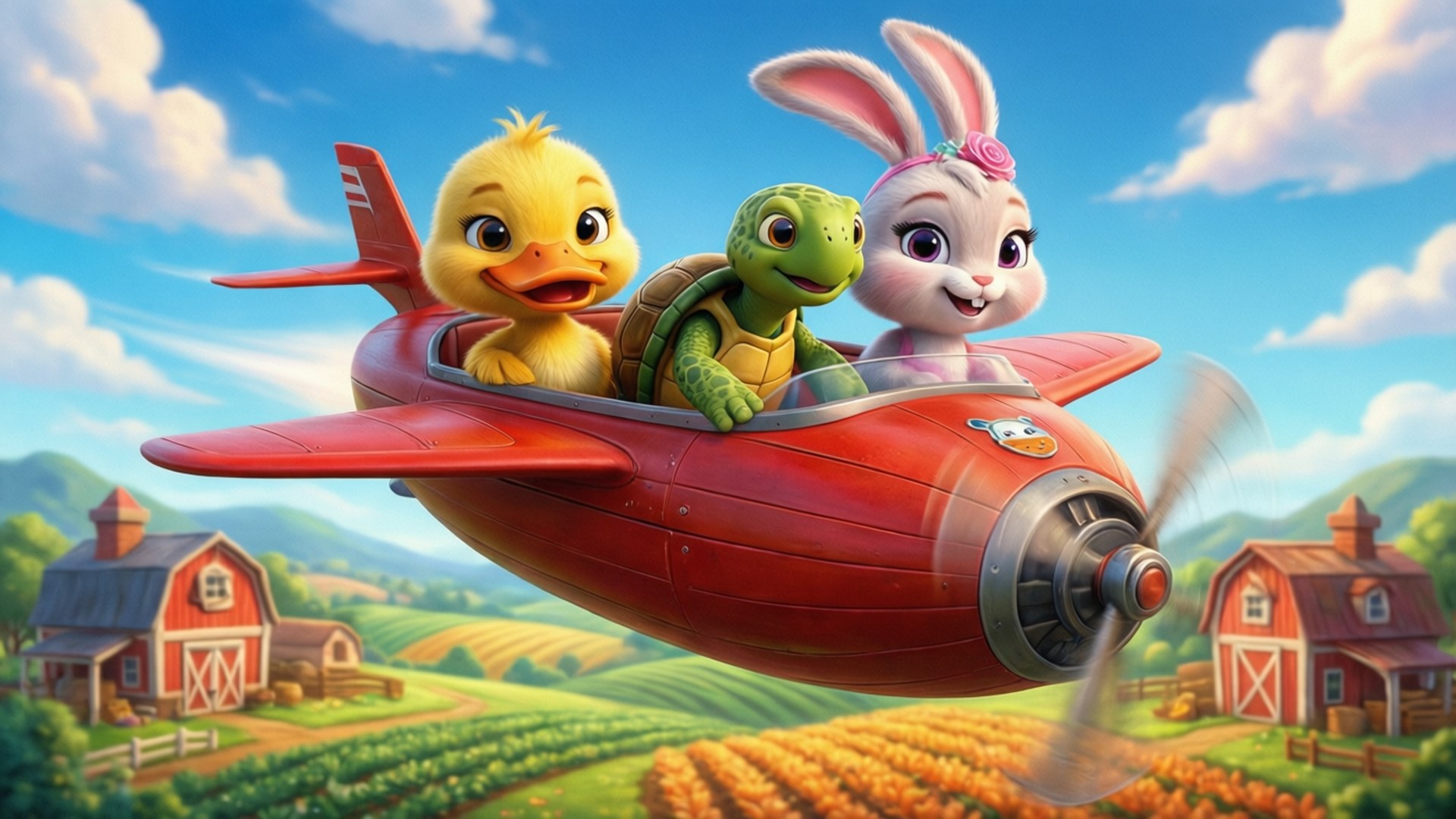 Wonder Pets! 桌布 壁紙 — 三隻快樂的卡通動物駕駛紅色飛機飛越陽光普照的農場，農場有紅色穀倉和起伏的綠色山丘。