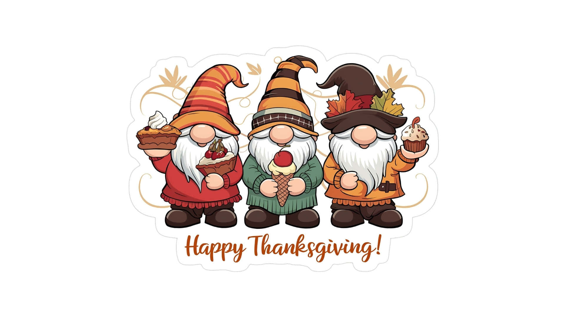  壁紙 — 三個戴著秋帽的快樂卡通地精在節日 'Happy Thanksgiving!' 橫幅下拿著餡餅和杯子蛋糕。
