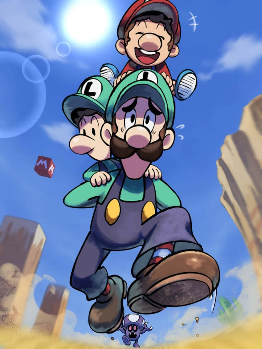 Baby Luigi 桌布 壁紙 — 三個開心的路易吉角色在明亮的藍天中快樂跳躍，周圍有漂浮的泡泡和一個小敵人。
