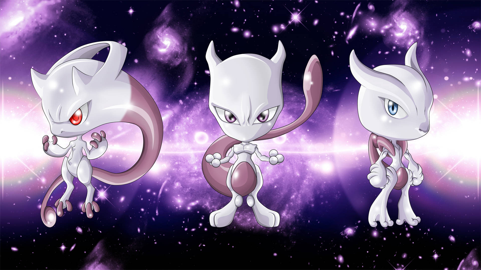 可愛 Q 版閃耀 Mewtwo 壁紙 — 三個Q版超夢變體在閃爍的宇宙紫色銀河背景下自信地擺姿勢。