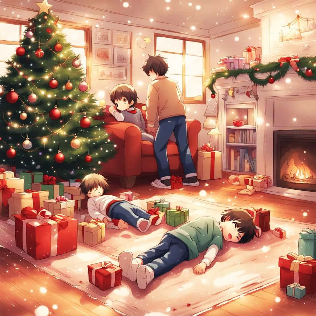  壁紙 — 三個孩子在壁爐附近發光的聖誕樹下，被聖誕禮物包圍著，在毯子上休息。