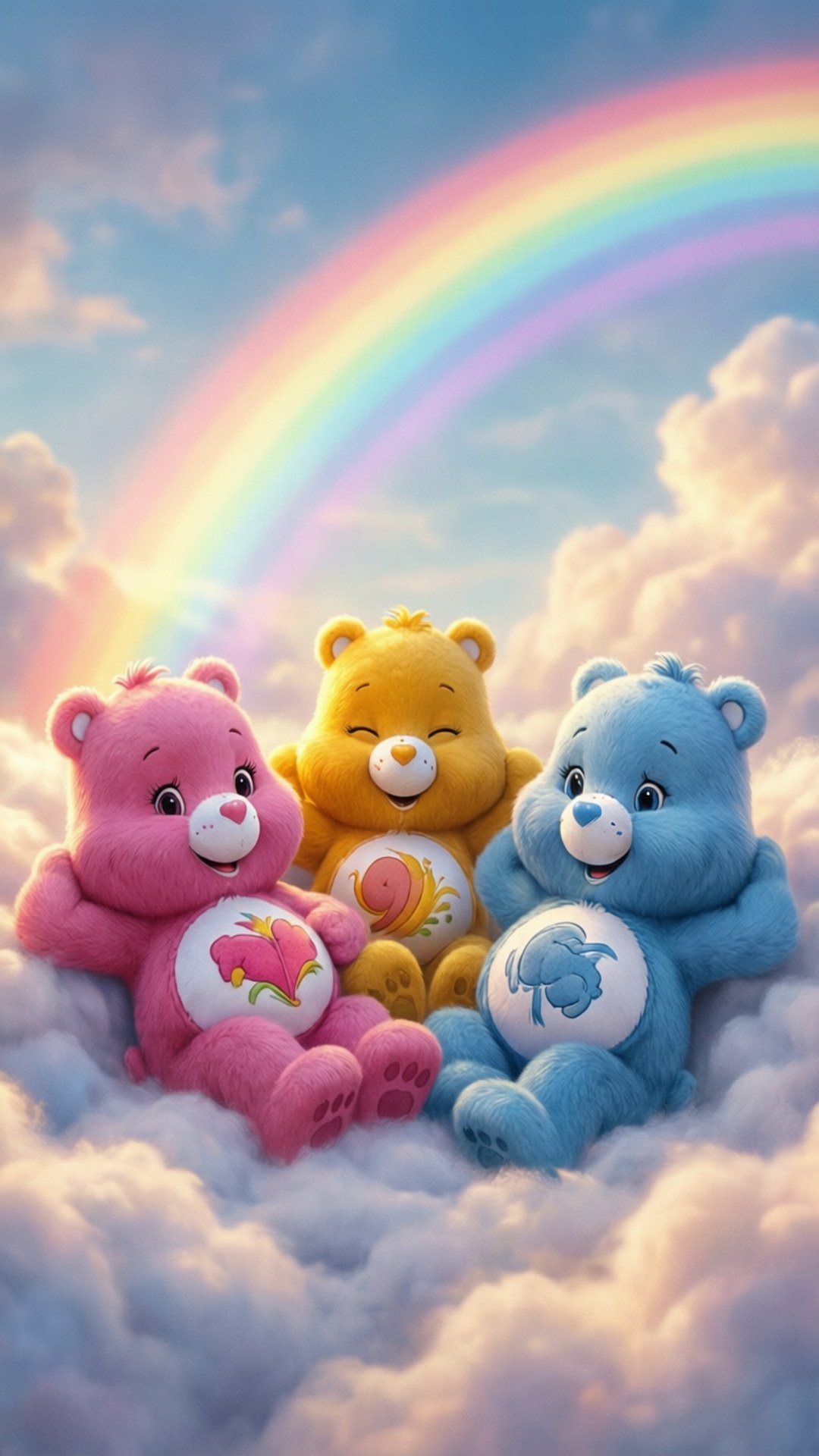 Care Bears 桌布 壁紙 — 三隻色彩繽紛的Care Bears快樂地坐在蓬鬆的雲朵上，下方是明亮天空中一道鮮豔的彩虹。