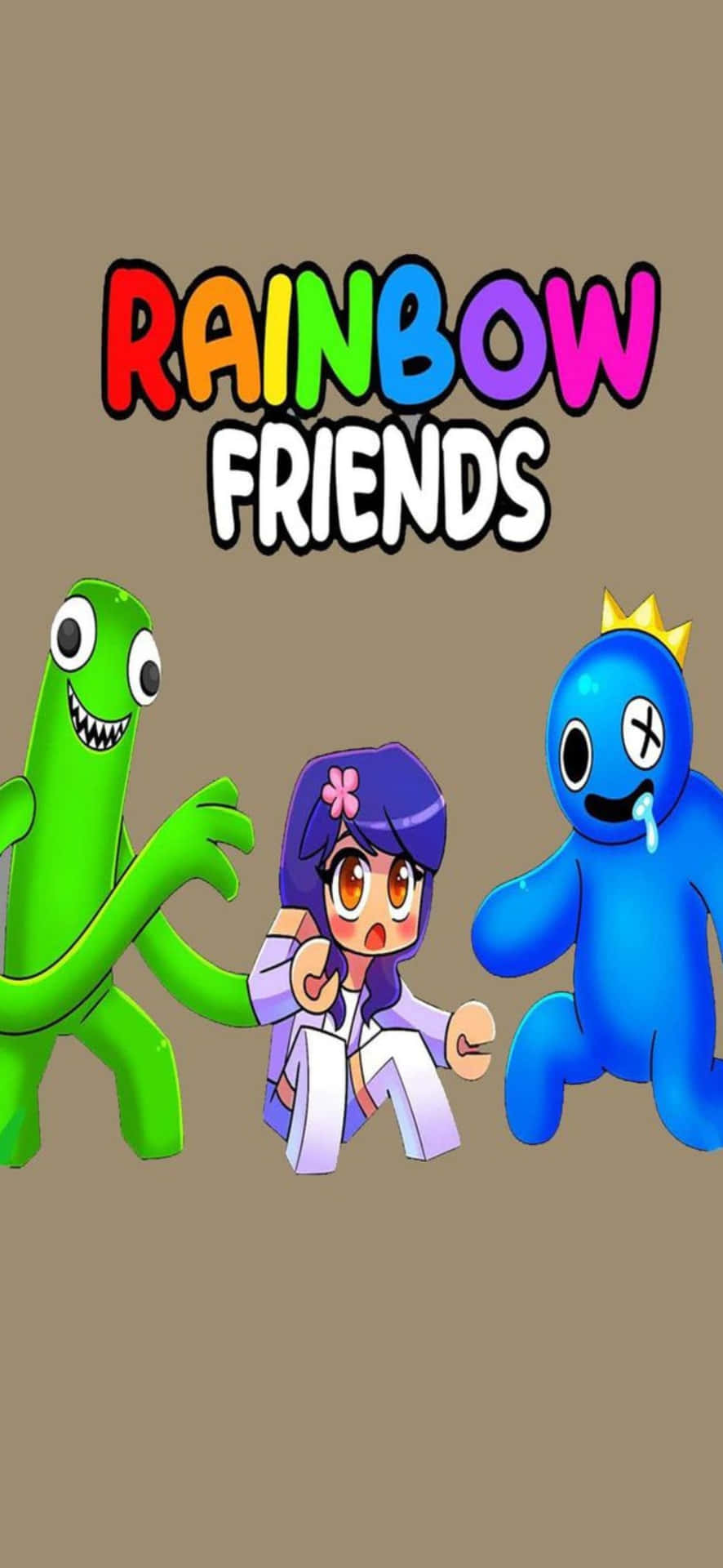  壁紙 — 三個來自 Rainbow Friends 的彩色卡通角色站在純棕色背景前。