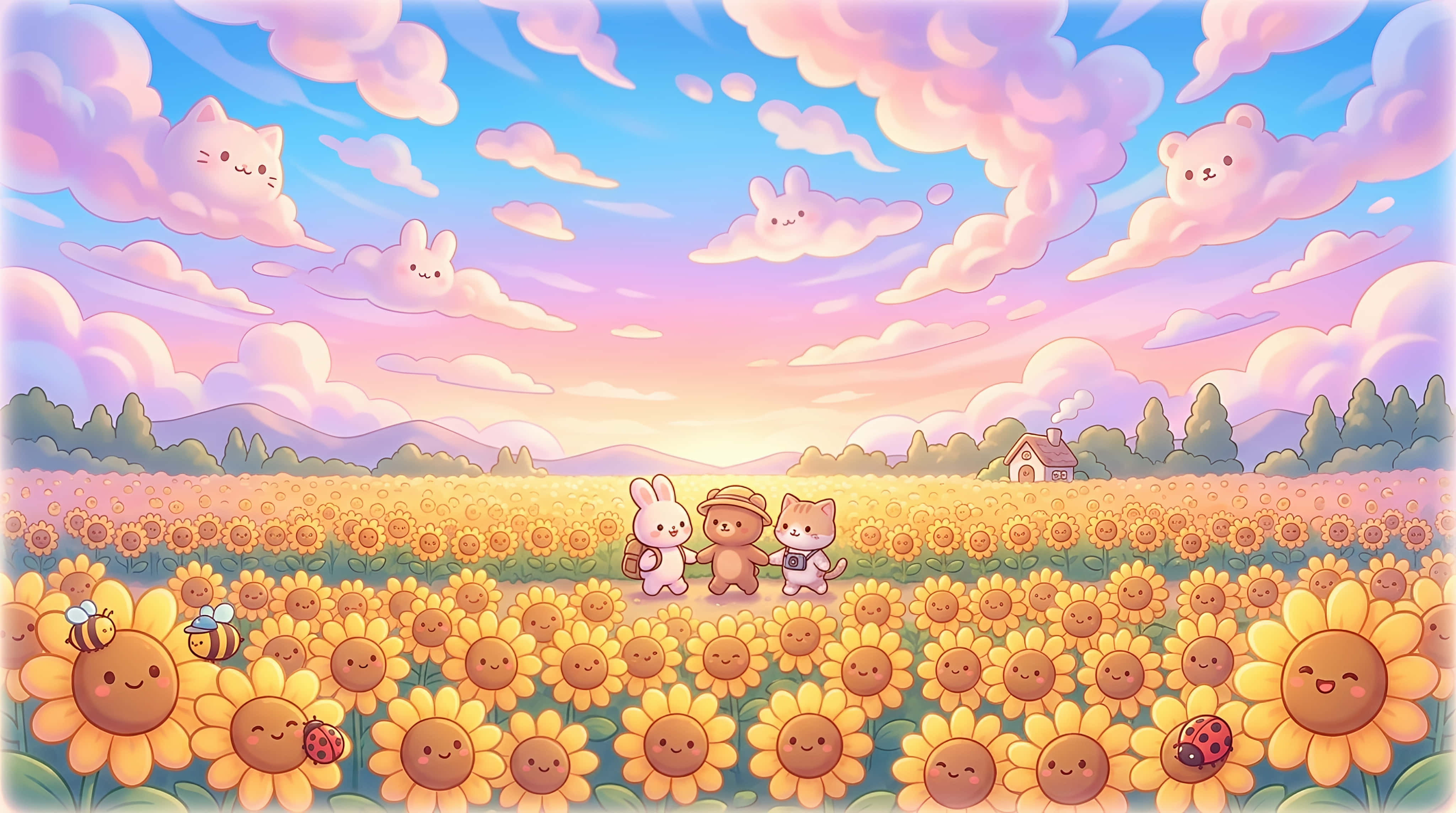 夕照下可愛向日葵田冒險 壁紙 — 三個可愛的動物朋友在日落時分，在滿是微笑向日葵的田野中漫步，天空中有毛茸茸的雲朵動物。