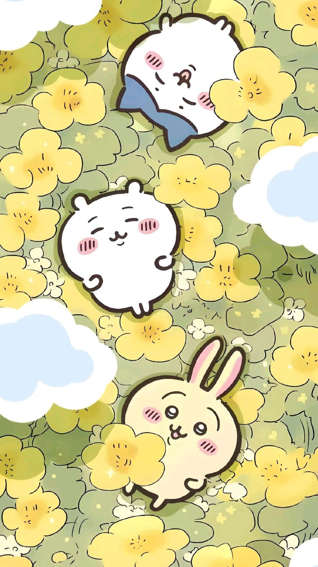  壁紙 — 三隻可愛的卡通動物在黃色花朵和蓬鬆雲朵中平靜漂浮，構成歡快的春天場景。