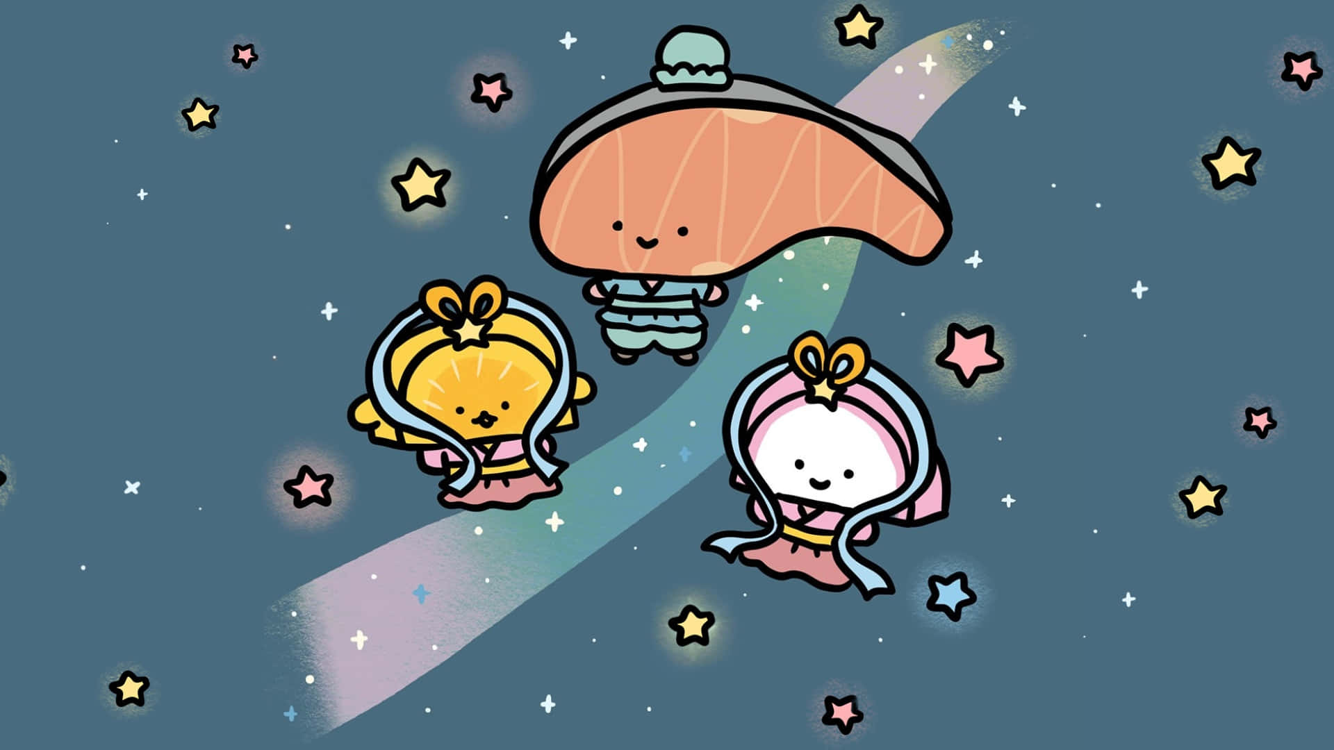  壁紙 — 三個可愛卡通角色在繁星點點的夜空中漂浮，一艘微笑三文魚形狀的太空船拖著一道彩虹光束。