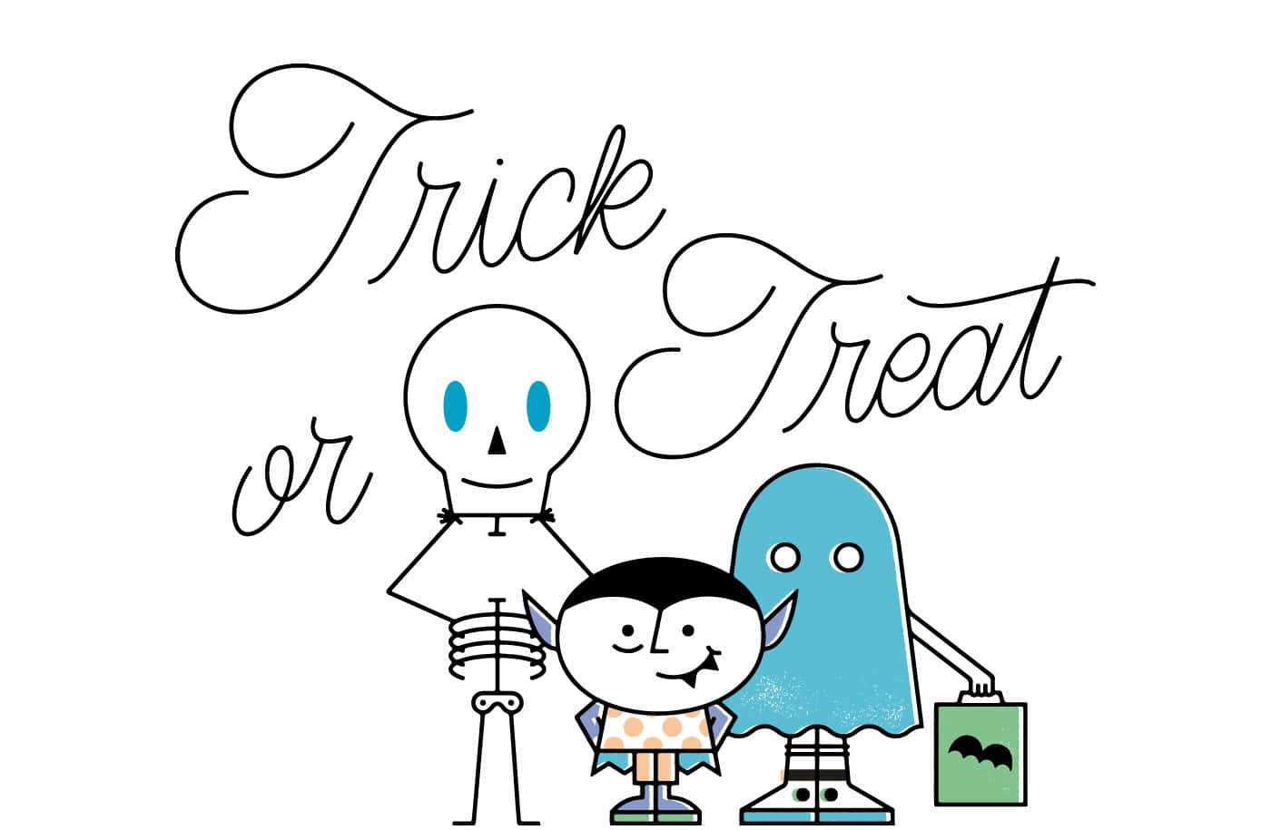 三個友善的萬聖節角色：骷髏、吸血鬼和鬼魂，附有trick or treat文字。
