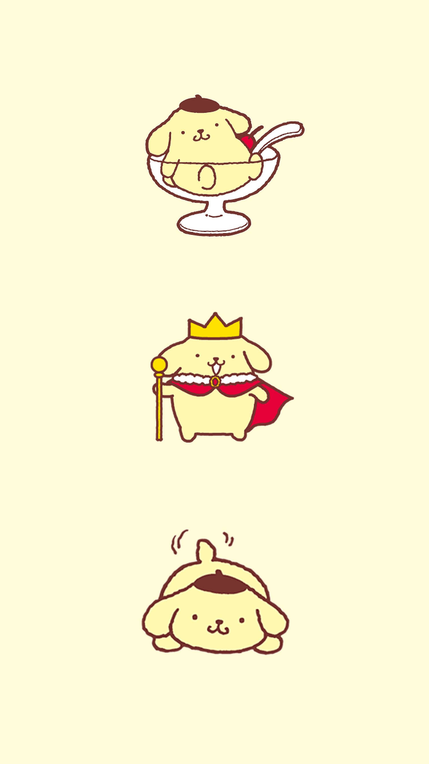 三匹のかわいいポンポムプリン 壁紙 — 三隻可愛卡通小狗在甜品玻璃杯皇冠超級英雄和睡覺姿勢上，淺黃色背景。