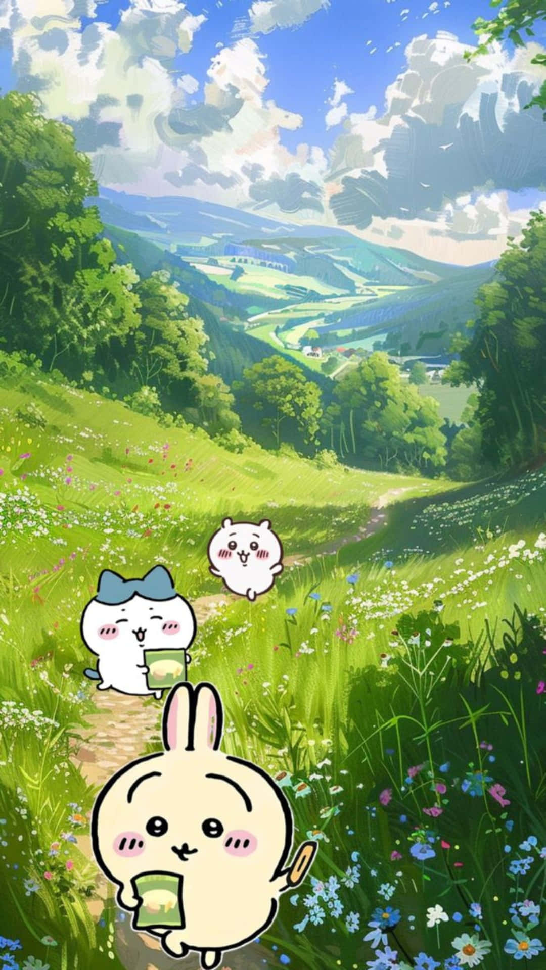  壁紙 — 三隻可愛的卡通兔子在陽光明媚的草地上漫步，草地上開滿了野花，頭頂是明亮的藍天。