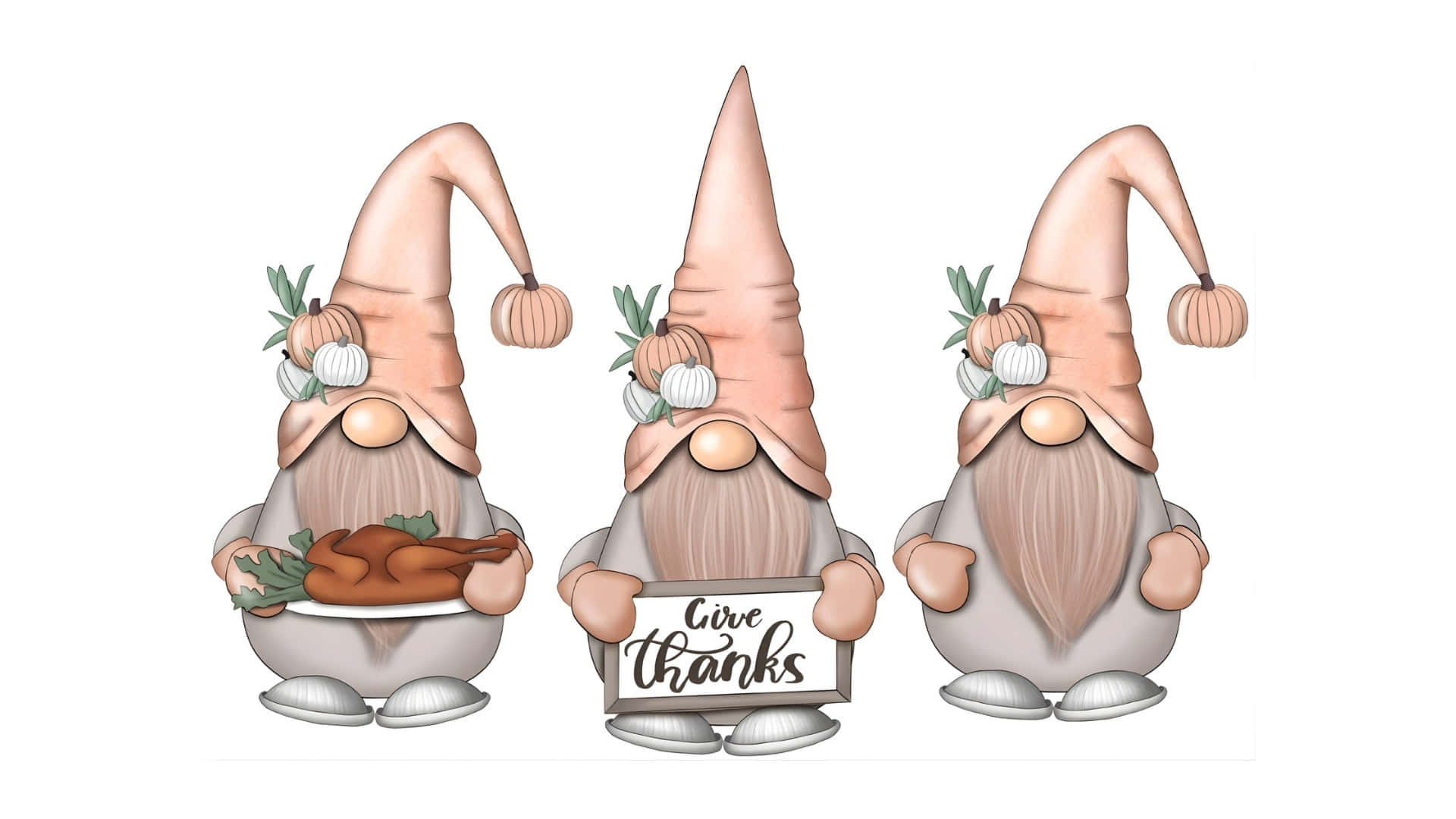  壁紙 — 三個戴著南瓜帽的可愛地精拿著烤火雞和一個寫著「give thanks」的牌子。