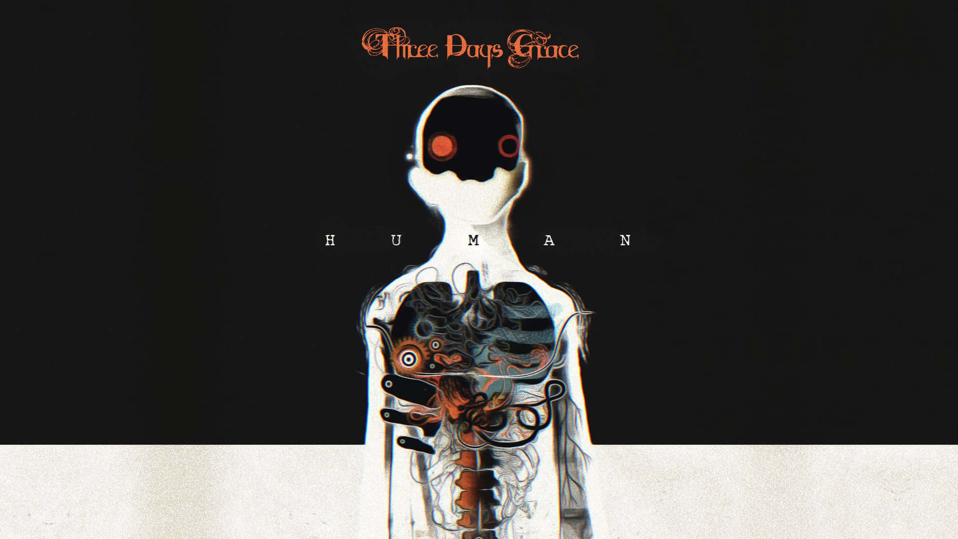 Three Days Grace 專輯封面 壁紙 — 一個風格化的人形，擁有發光的紅色眼睛和暴露的機械器官，背景為鮮明的黑白對比。