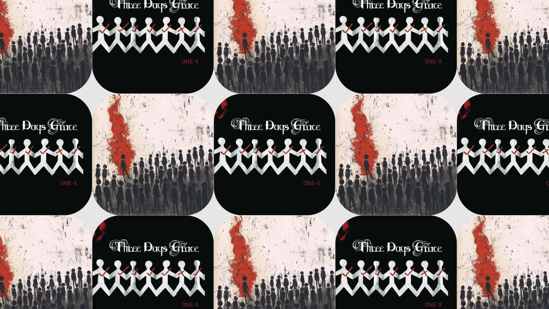  壁紙 — Three Days Grace 的重複專輯藝術，以白色紙剪人物為特色，背景為黑色和紅色潑濺。