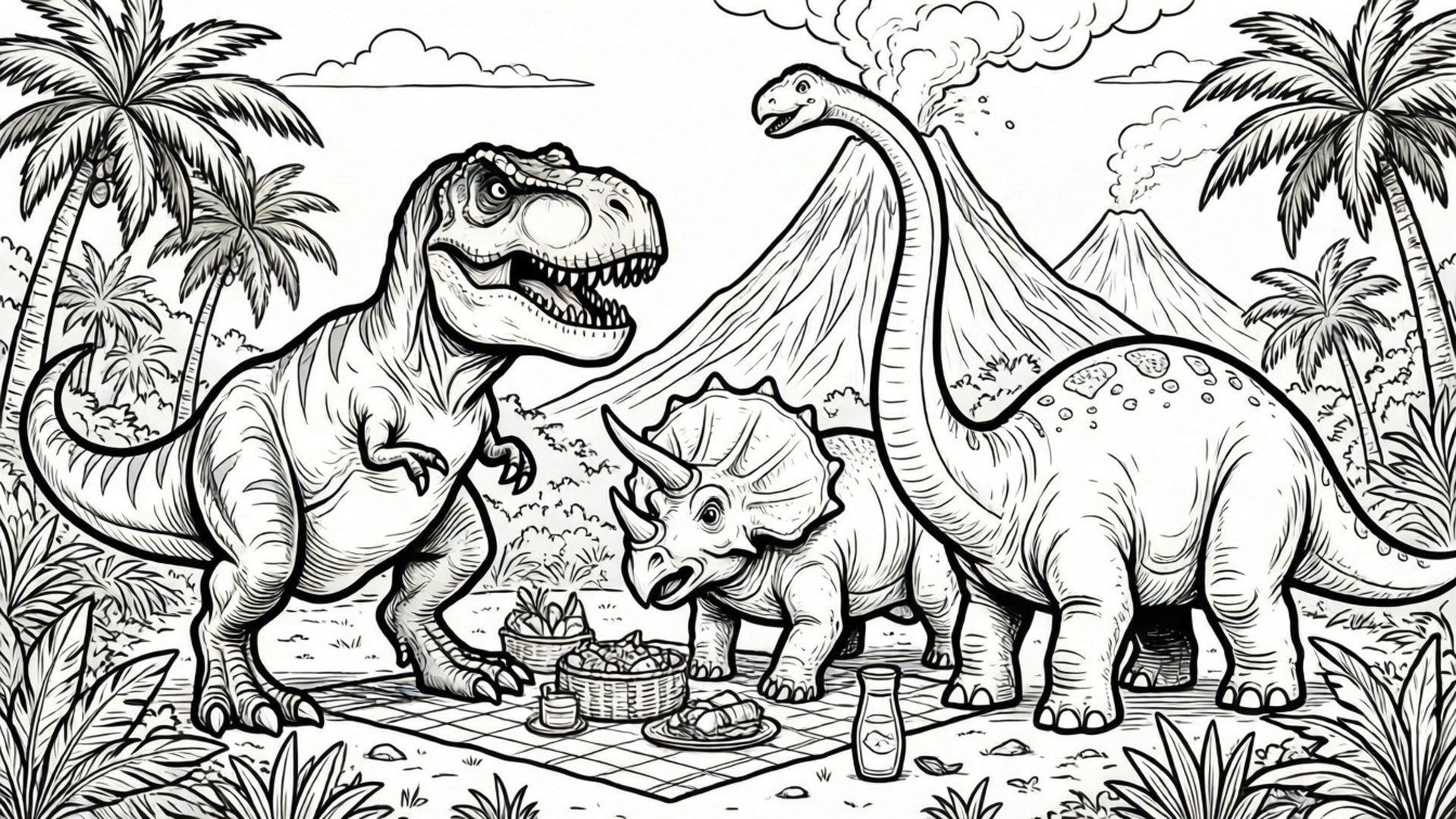 Coloring Pages 桌布 壁紙 — 三隻恐龍在棕櫚樹下享受野餐，背景有火山，以黑白線條藝術風格呈現。