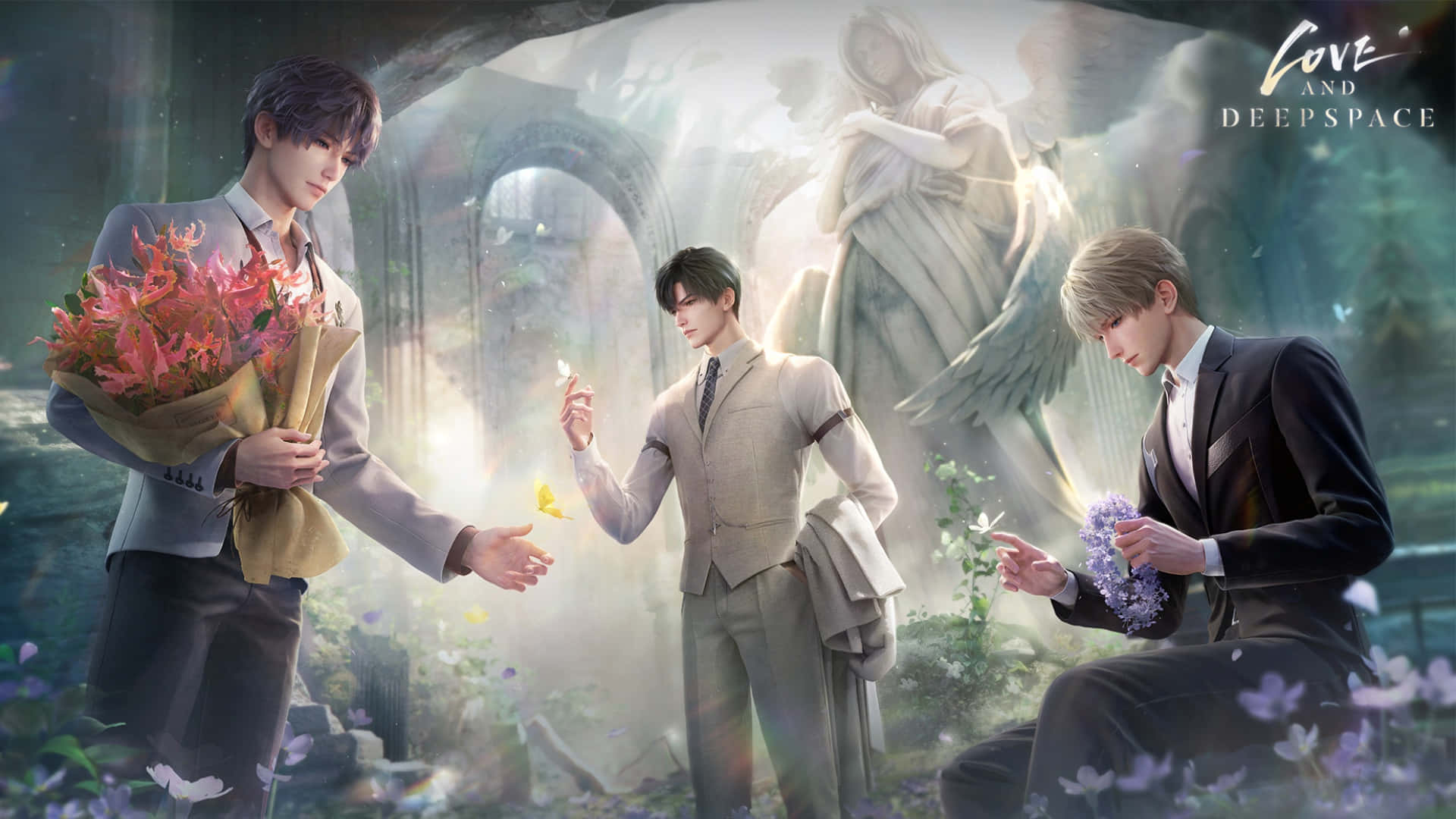  壁紙 — 三位穿著西裝的優雅男士在一個神秘的花園中，手持色彩繽紛的花束，周圍有天使雕像和發光的光芒。