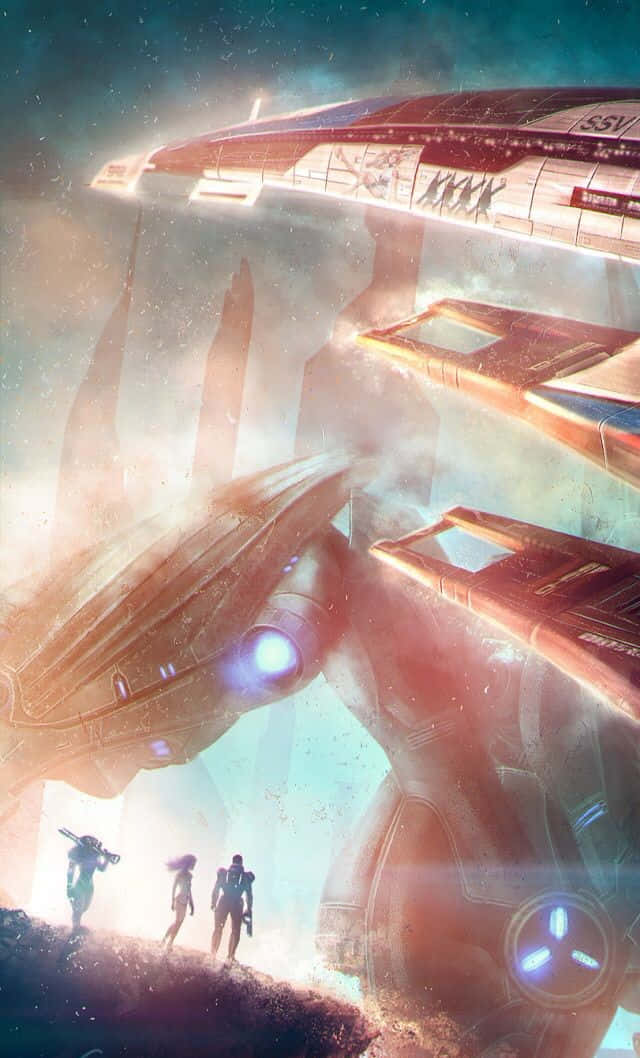 Mass Effect Trilogy 桌布 壁紙 — 三個人物站在岩石露頭上，下方是巨大的未來太空船，在朦朧的天空中發出藍光。
