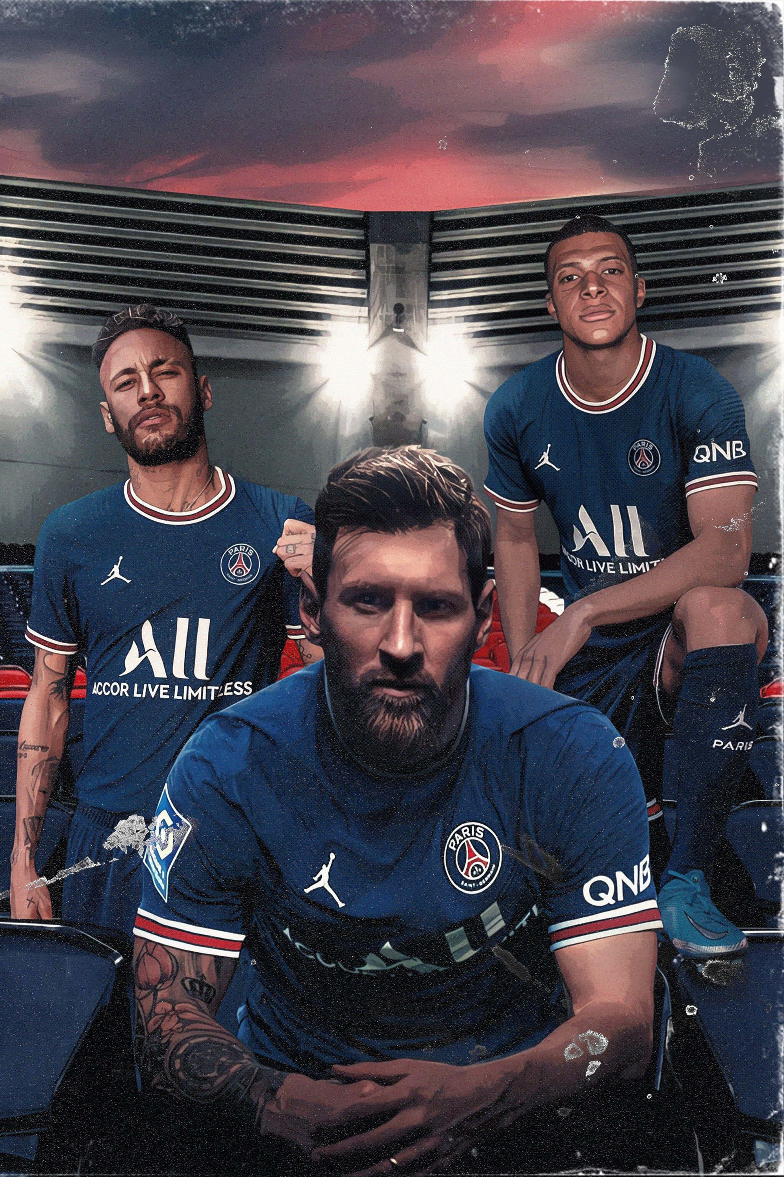 Messi 2022 桌布 壁紙 — 三名身穿巴黎聖日耳曼球衣的足球員坐在球場長椅上，背景是戲劇性的紅紫色天空燈光。