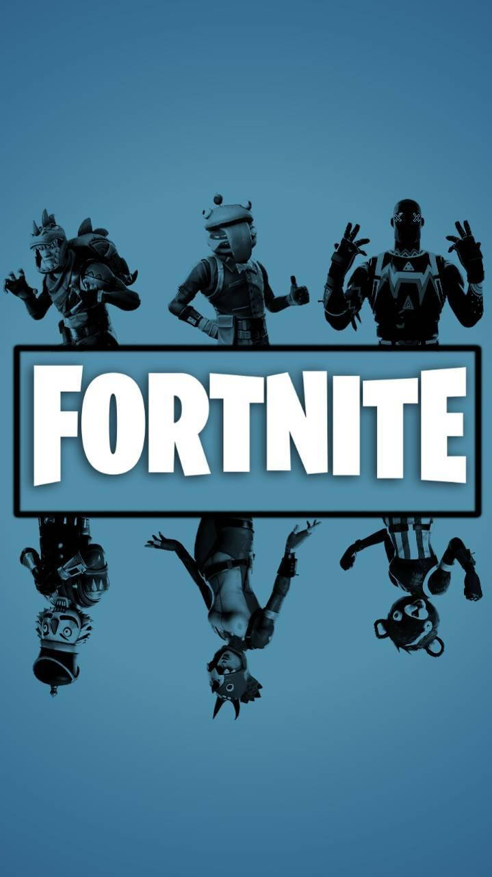 Fortnite 遊戲標誌，藍色背景上有三個黑色剪影的角色在上方和下方。