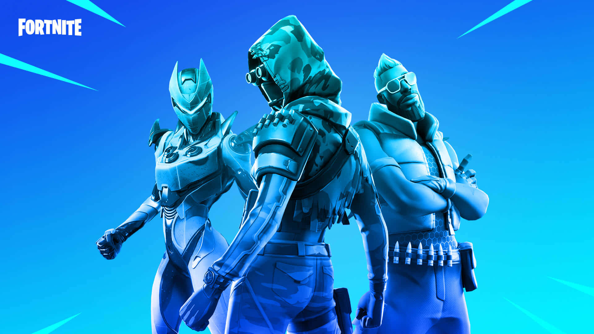  壁紙 — 三名身穿未來裝備的 Fortnite 角色，自信地站在帶有發光條紋的鮮豔藍色漸變背景前。