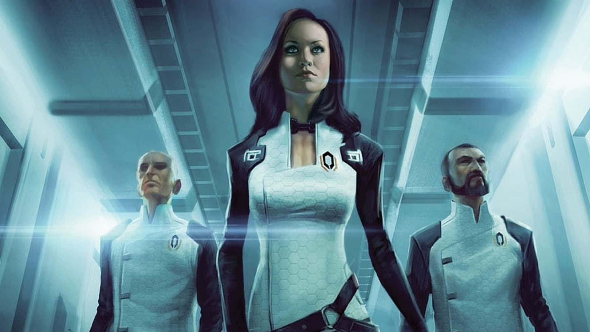 Miranda Lawson 桌布 壁紙 — 三名未來特工穿著時尚的白色和黑色制服，站在一條閃爍金屬光澤的走廊中，伴隨著戲劇性的藍色燈光。