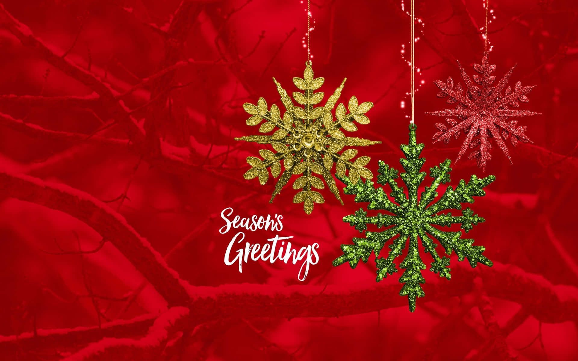 三個懸掛的閃閃發光雪花裝飾品，置於紅色雪白樹枝上，附有 Seasons Greetings 文字。