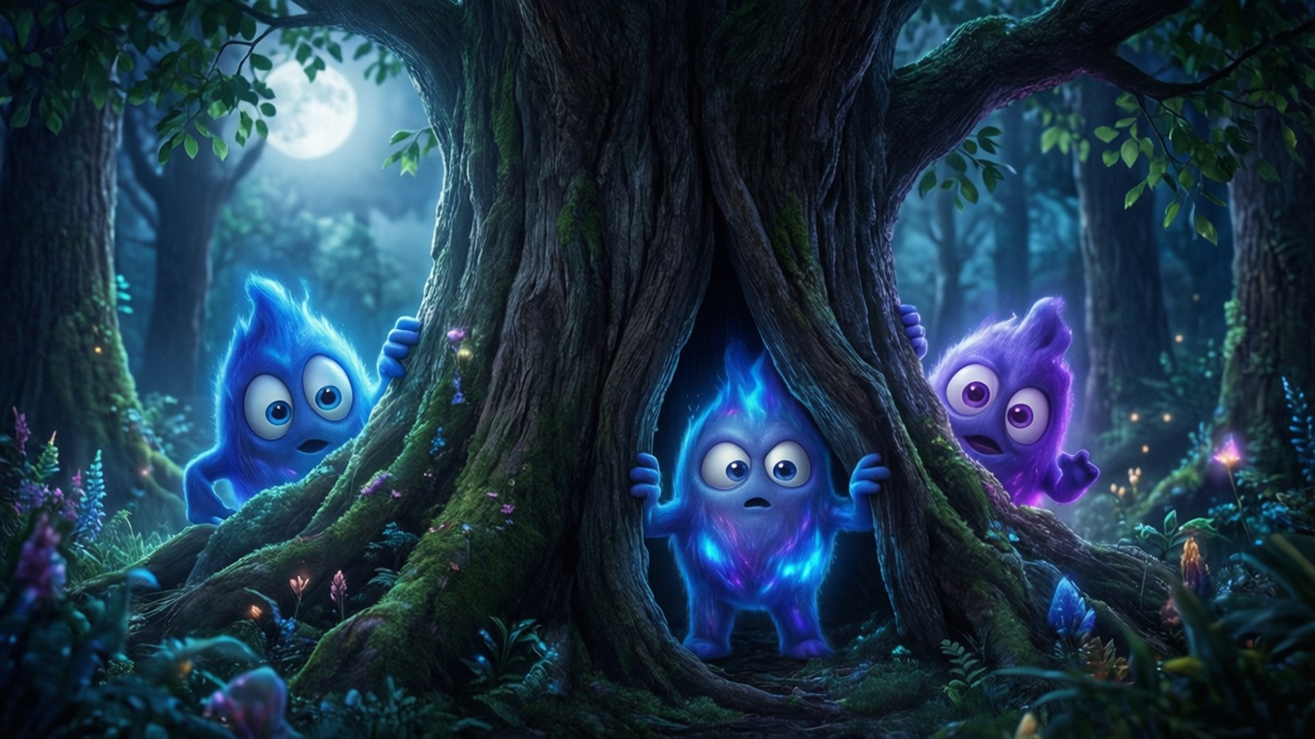 Yeeps: Hide And Seek 桌布 壁紙 — 三隻發光的藍色和紫色卡通生物在月光照耀的魔法森林中，從一棵巨大的長滿苔蘚的樹後面緊張地偷看。