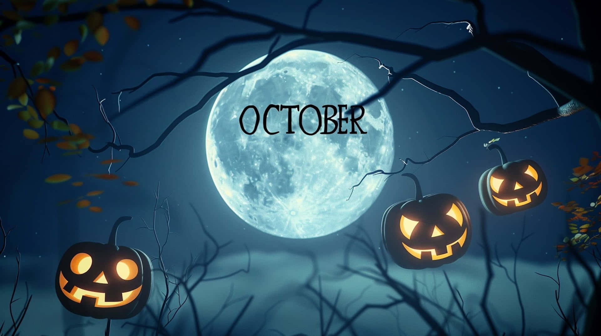 October Desktop 桌布 壁紙 — 三個發光的南瓜燈籠掛在光禿禿的樹枝上，滿月上有十月字樣。
