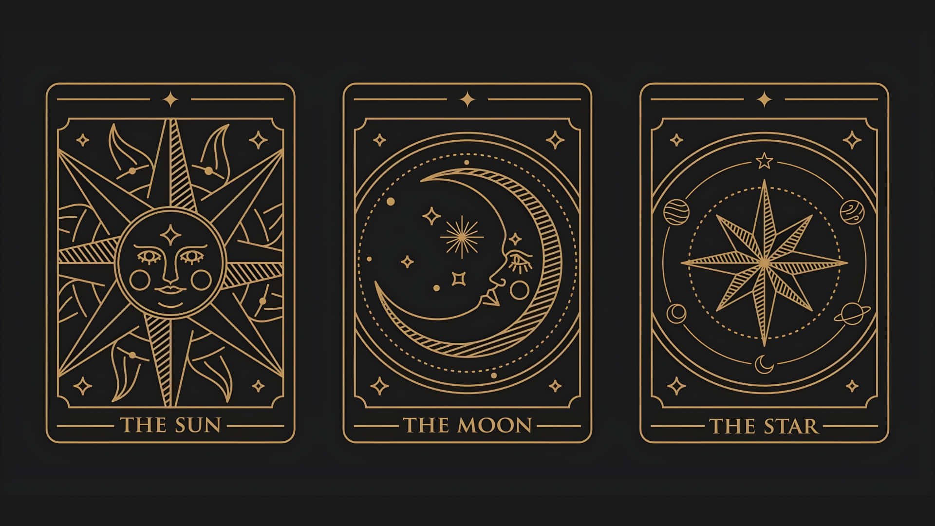  壁紙 — 三張金色塔羅牌，以太陽、月亮和星星為主題，帶有天空圖案，背景為深色。