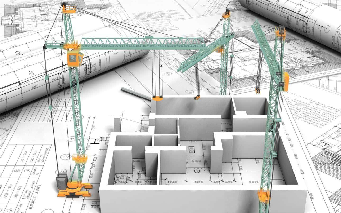 三座建築起重機位於建築藍圖上的3D建築模型之上。