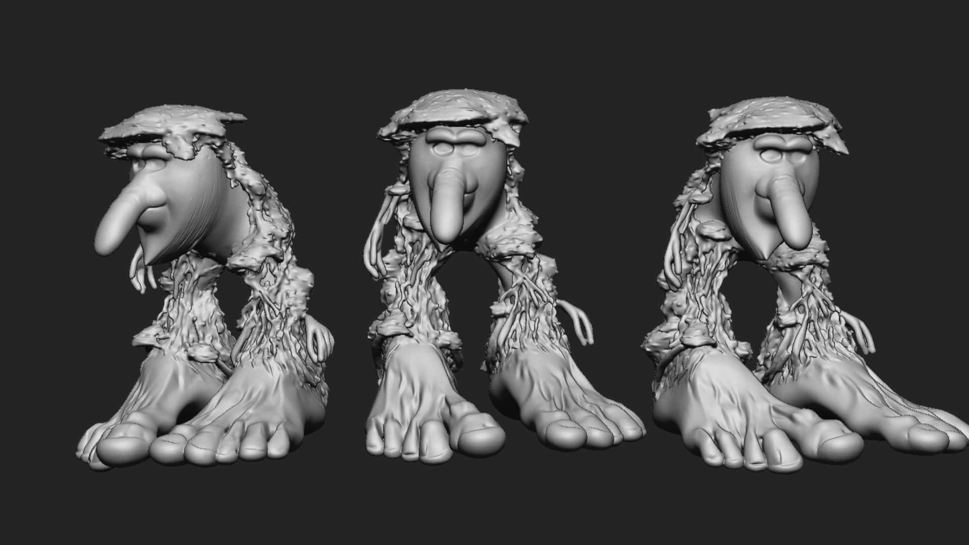  壁紙 — 三個以3D渲染的怪誕巨魔般生物，戴著長滿苔蘚的帽子，長鼻子，從不同角度展示。