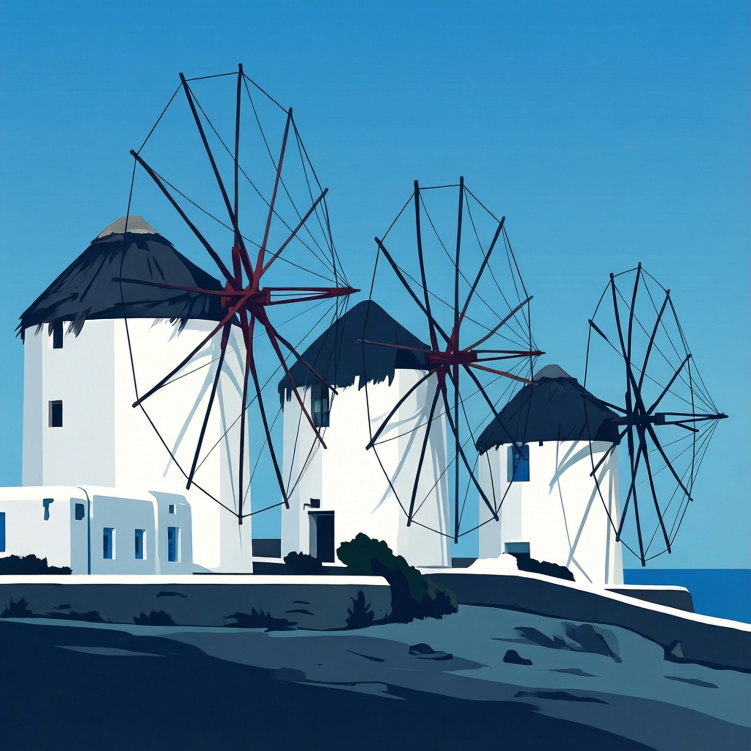Minimalist Windmills 壁紙 — 三座標誌性的白色風車，黑色屋頂和紅色葉片，在晴朗的藍天下俯瞰大海。
