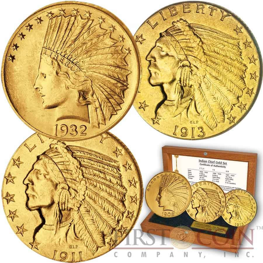 未來從此刻開始——投資 Coin 壁紙 — 三枚1911年、1932年及1913年的印第安酋長金幣，連同木製展示盒及真品證書一同展示。