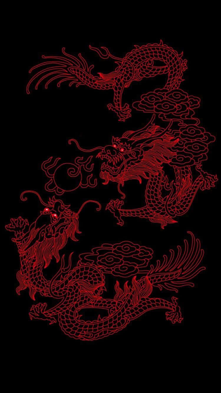 Dragon Aesthetic 桌布 壁紙 — 三條精緻的紅龍，眼睛發光，在純黑背景上動態盤繞。