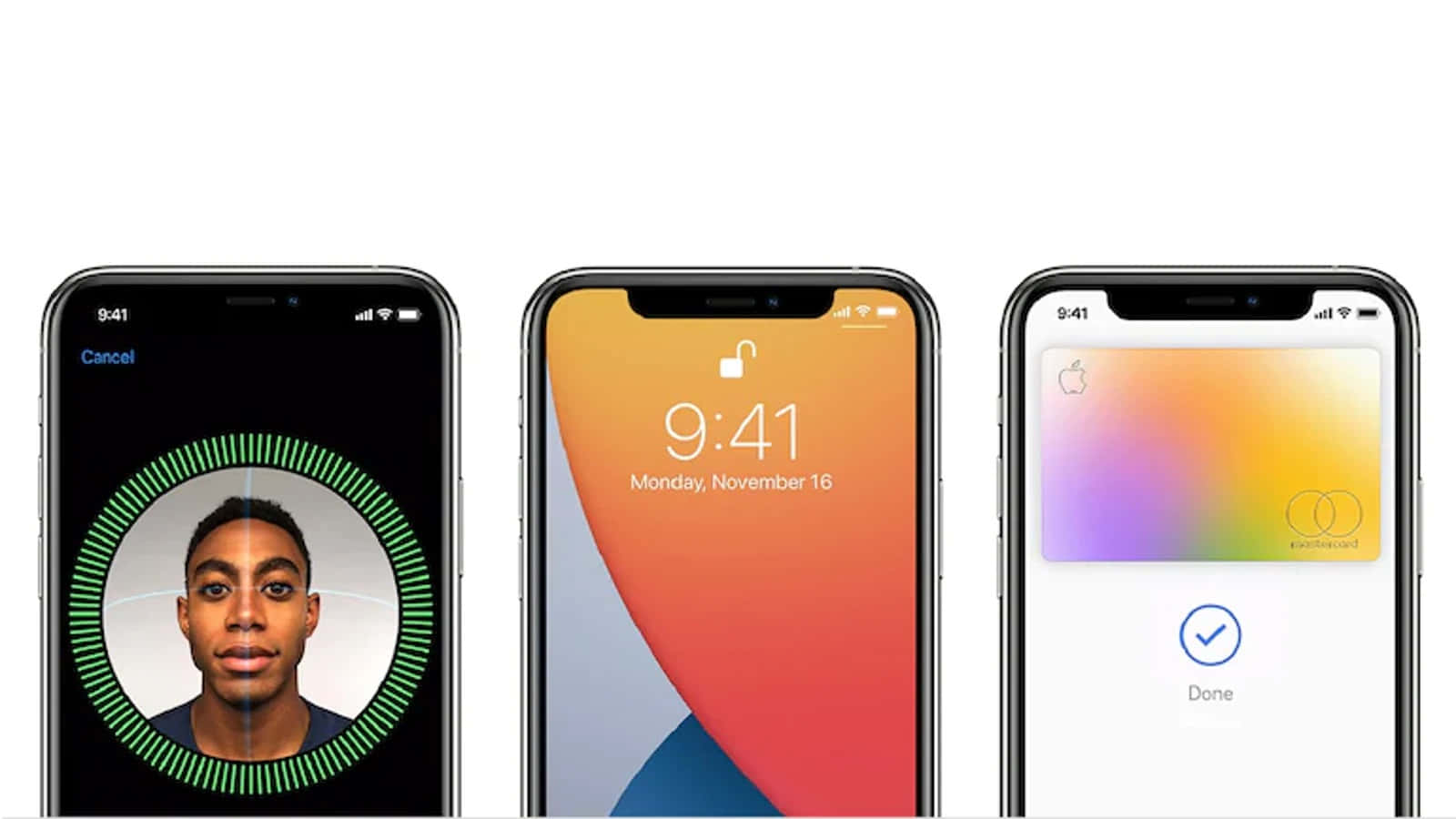 三個iPhone螢幕顯示Face ID、鎖定螢幕和Apple Pay卡確認。
