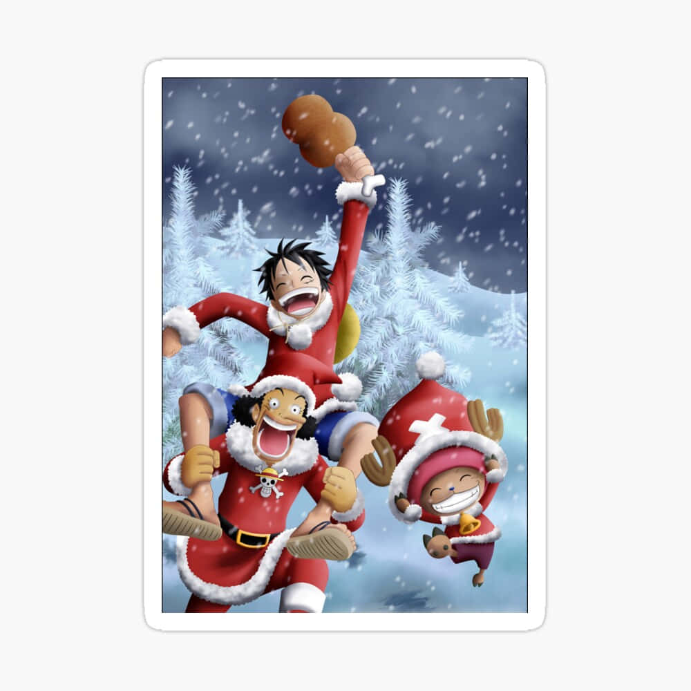 One Piece Christmas 桌布 壁紙 — 三個快樂的動漫角色穿著節日紅色聖誕老人服裝，在一個有松樹和飄落雪花的雪地森林中跳躍。