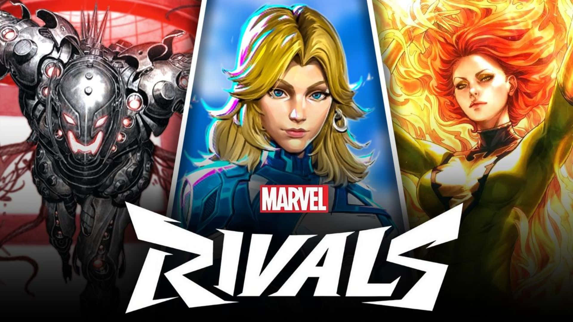  壁紙 — 三個Marvel Rivals角色以鮮豔漫畫風格繪製：裝甲反派、金髮英雄和火紅頭髮的女英雄。