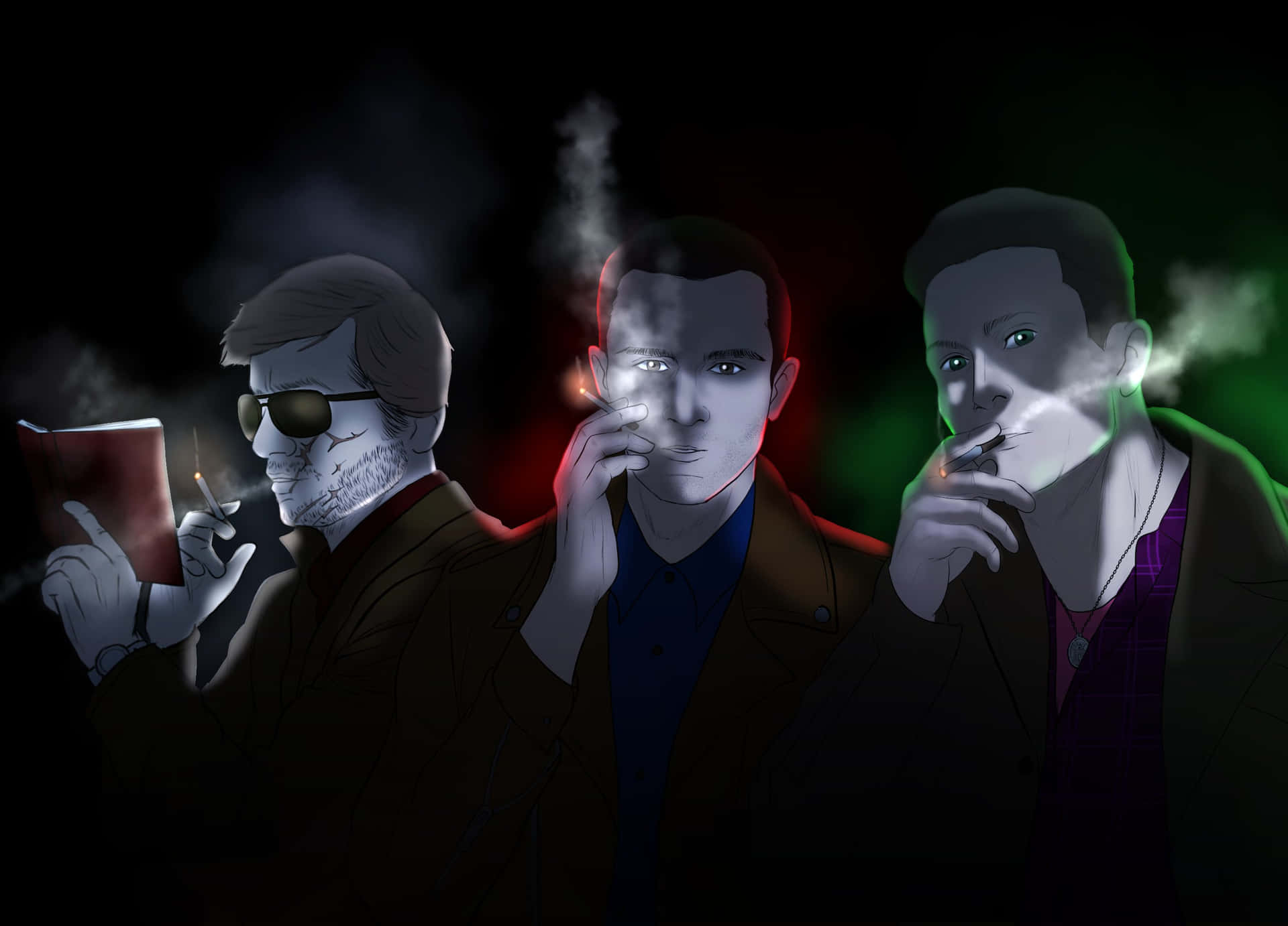  壁紙 — 三個身穿深色外套的男人在黑色背景前吸煙，背景有彩色光束和煙霧痕跡。
