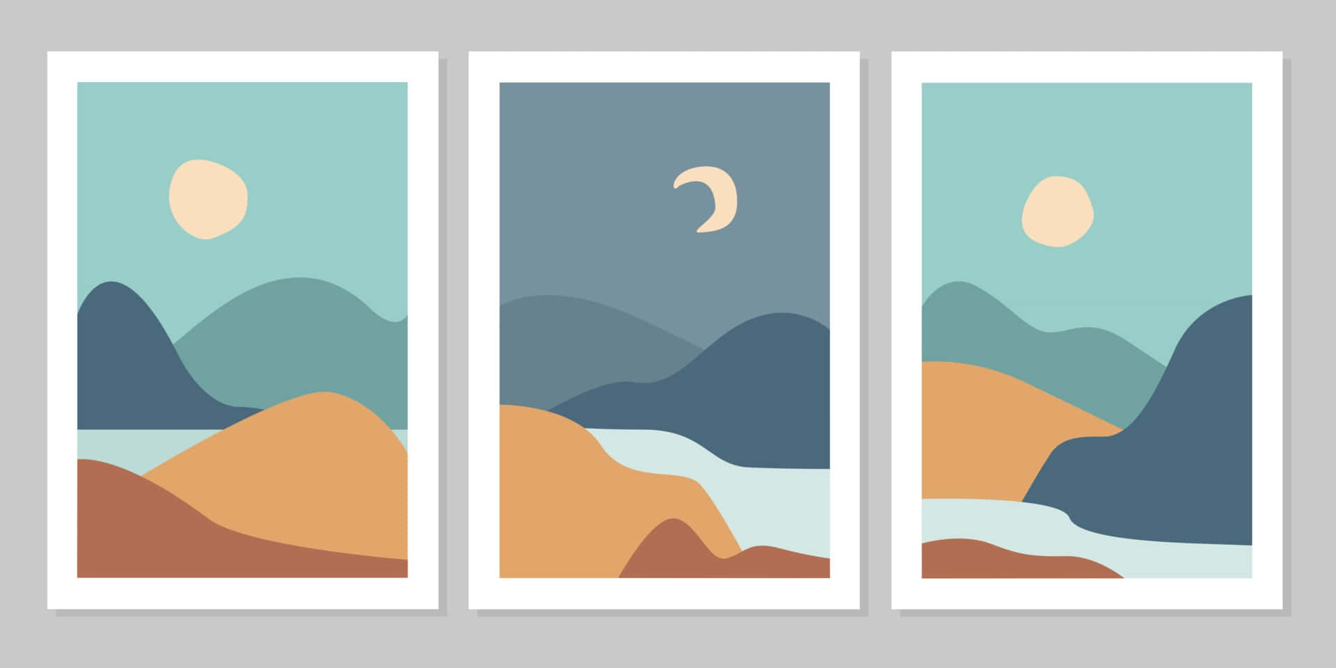 Abstract Landscape 桌布 壁紙 — 三幅極簡抽象風景印刷品展示風格化的山脈、河流和太陽或月亮，採用柔和粉彩調。